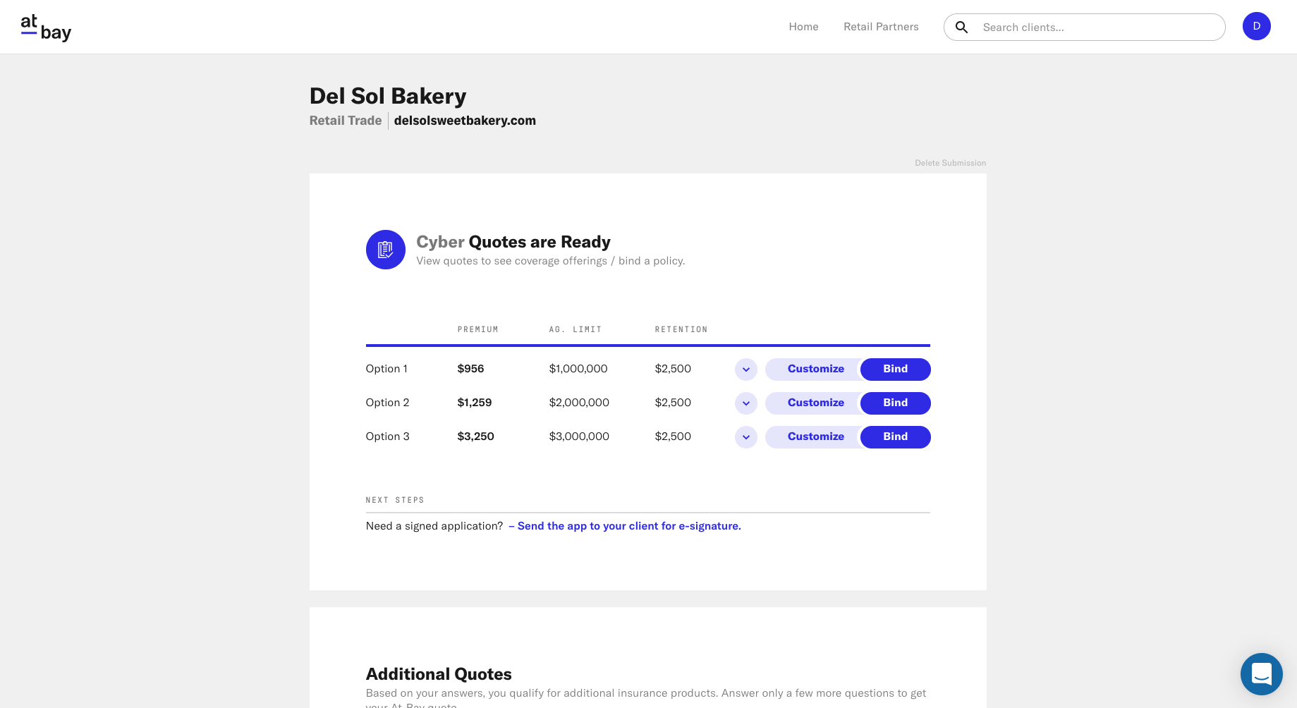 Sample Dashboard page on At-Bay Broker Platform
