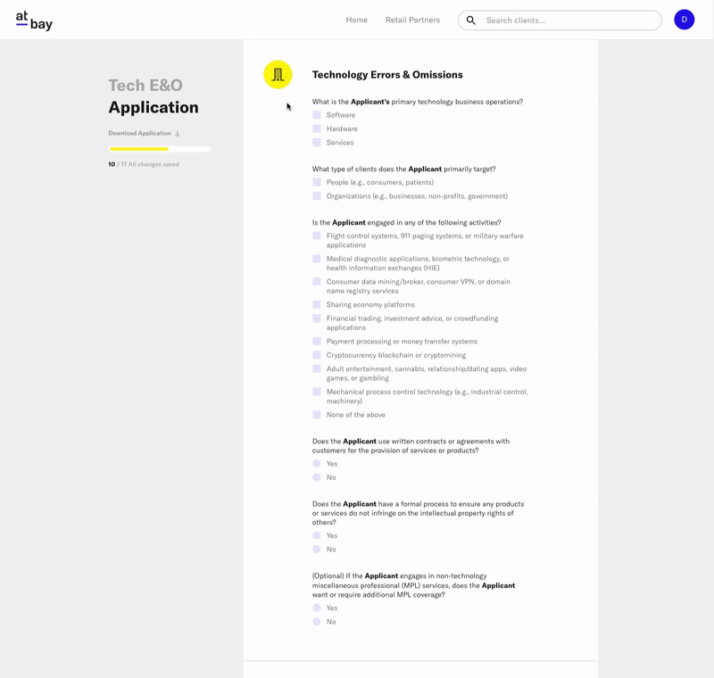 Animation of Tech E&O insurance application on Broker Platform