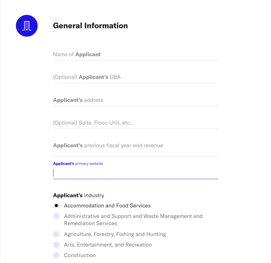 General information section of cyber quote application page