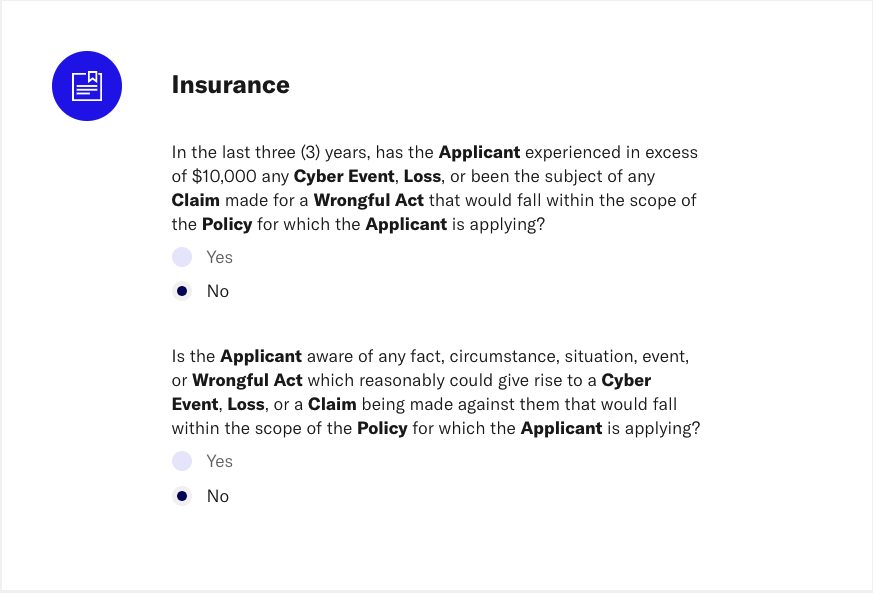 Screenshot of Insurance section of At-Bay Cyber Quote application