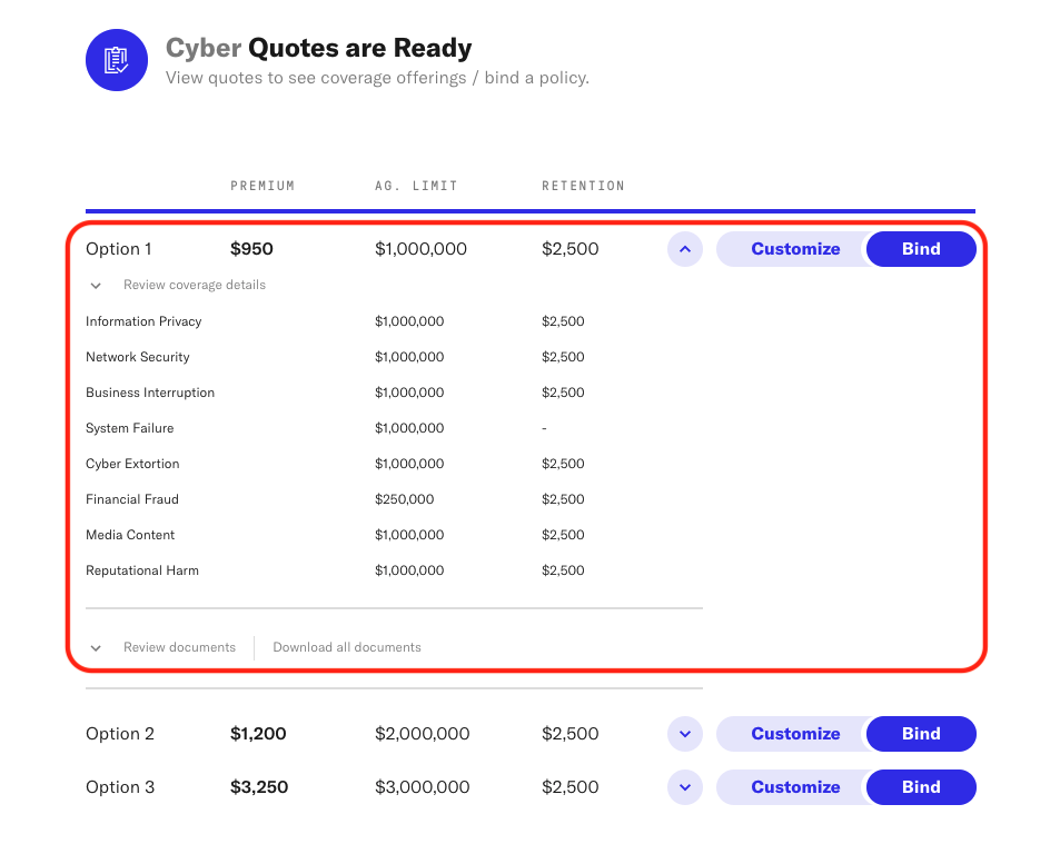 Sample cyber insurance policy quote option from At-Bay