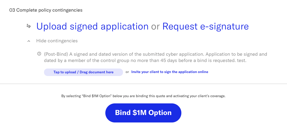Complete policy contingencies section of cyber quote application