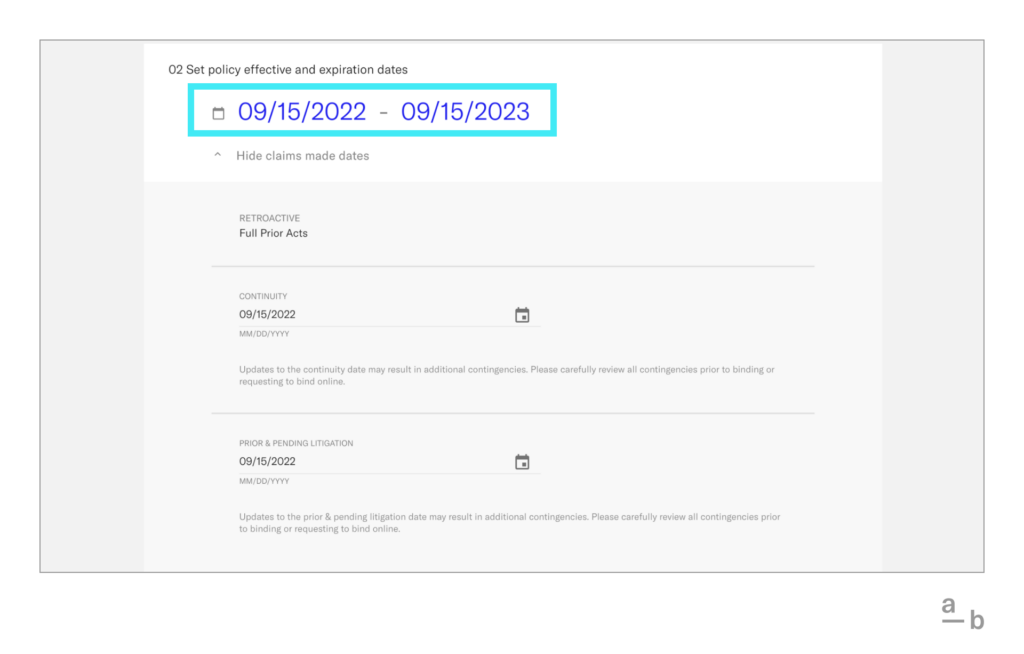 Screenshot of cyber insurance policy bind dates on Broker Platform