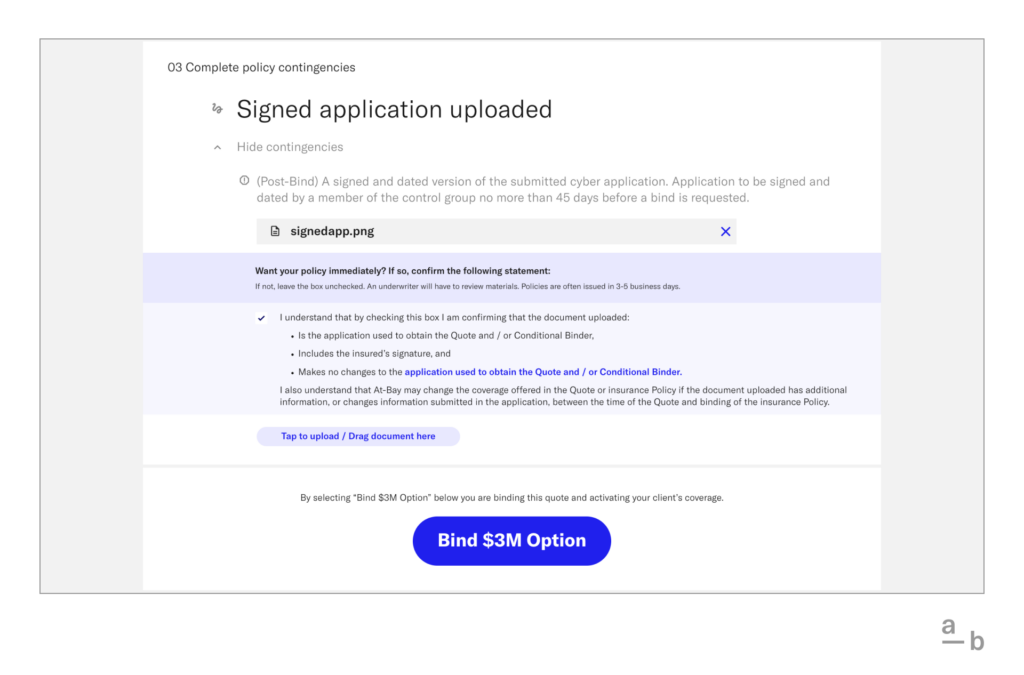 Signed application uploaded on the At-Bay Broker Platform