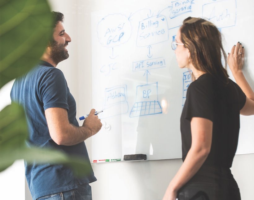 At-Bay employees writing on white board