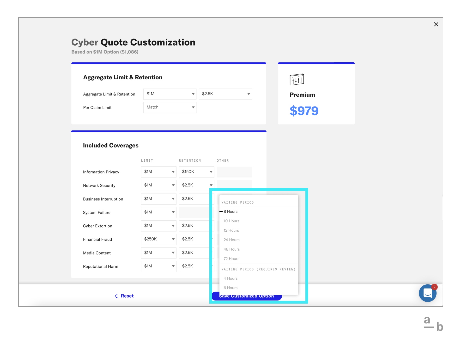 A screenshot of the quote customization screen on the Broker Platform