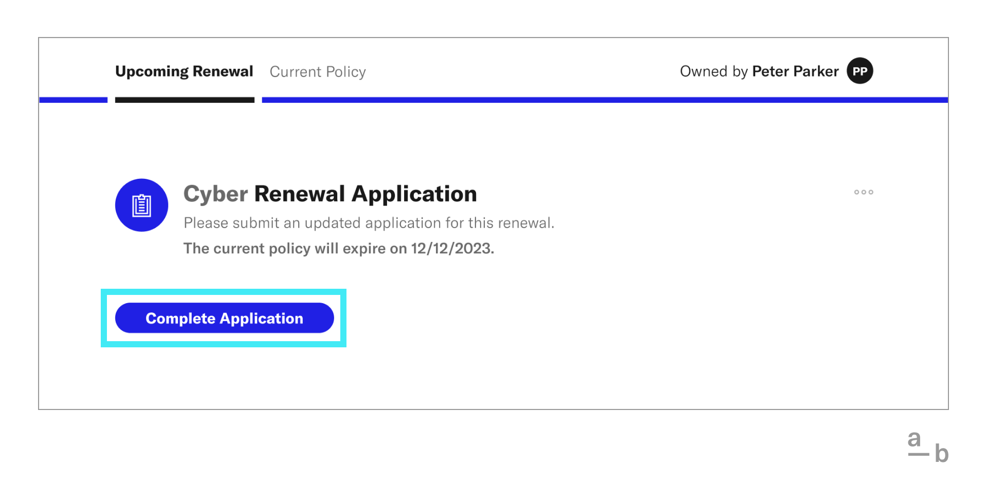 Screenshot of completing cyber renewal application in Broker Platform