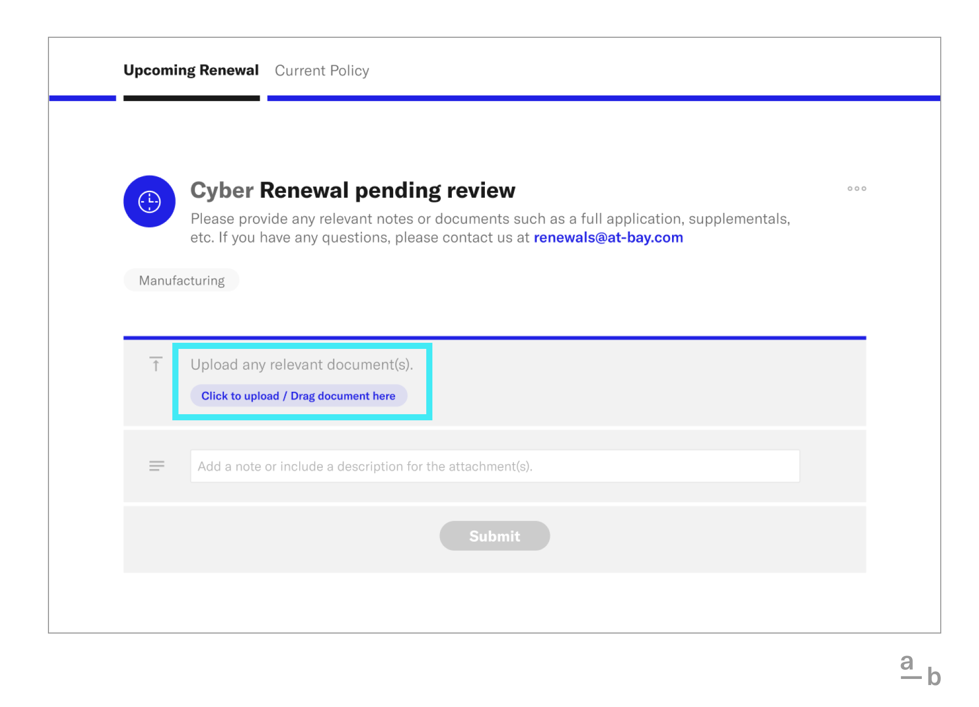 Screenshot of cyber insurance renewal pending review in Broker Platform