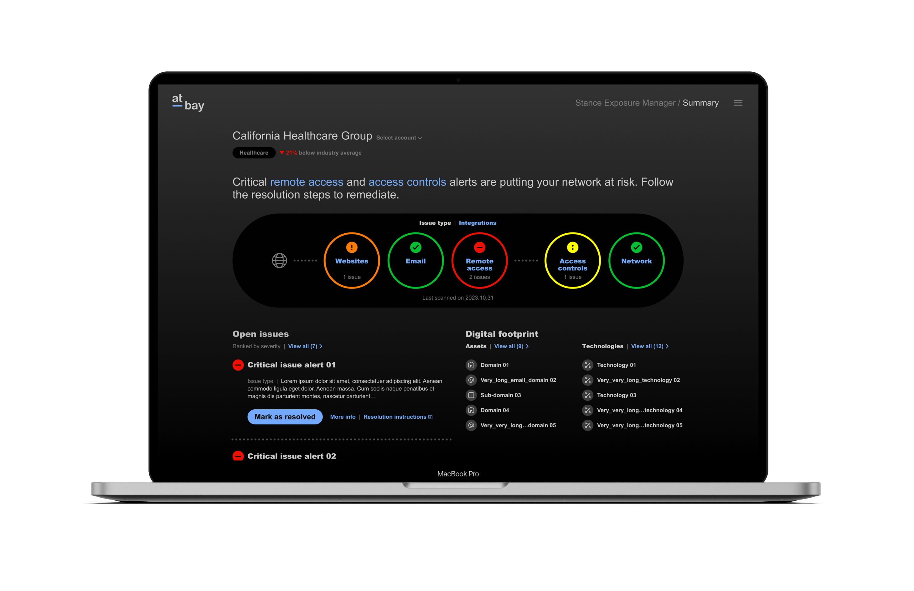 At-Bay Stance Exposure Manager's dashboard highlights and prioritizes threats, and recommends fixes.